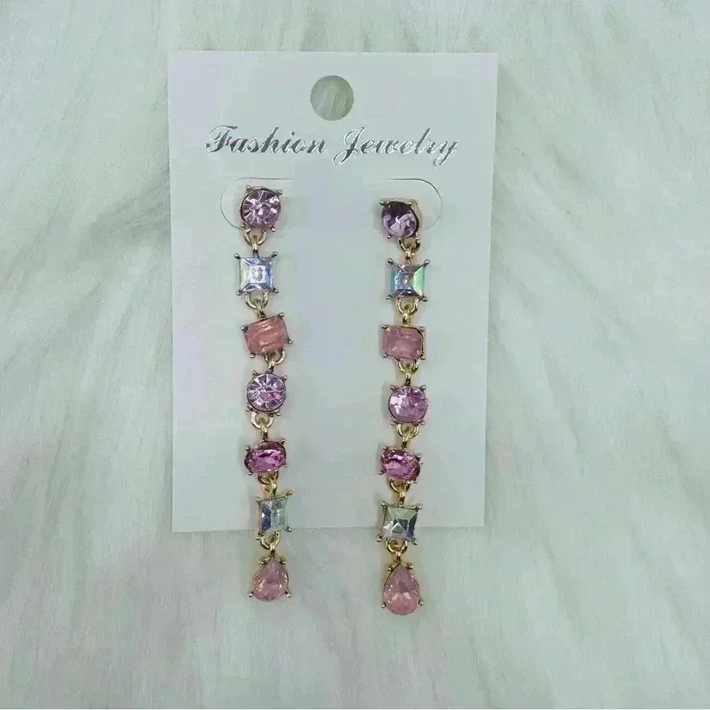 Geometric Pink Crystal Tassel Earrings